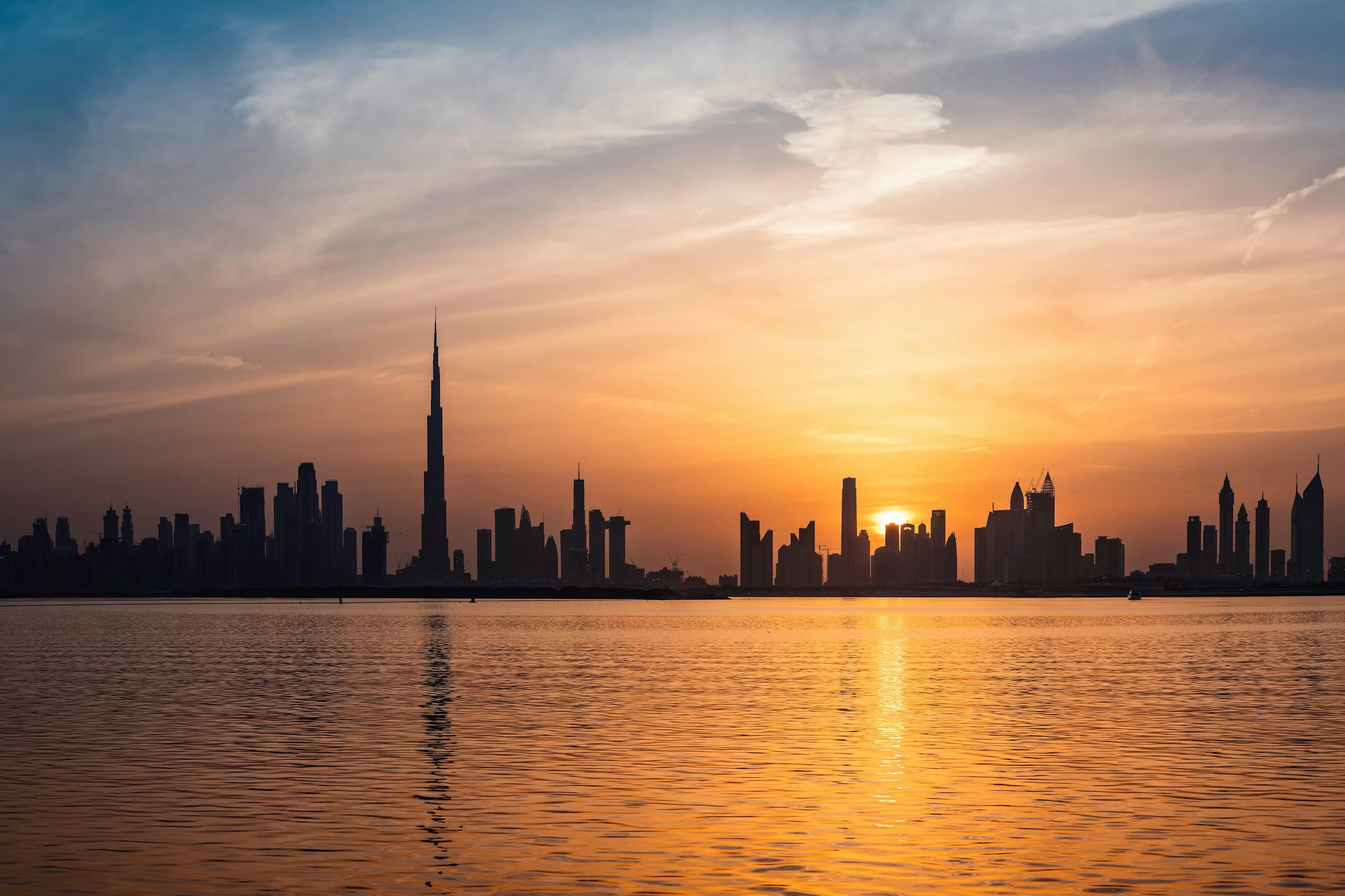 City skyline at sunset